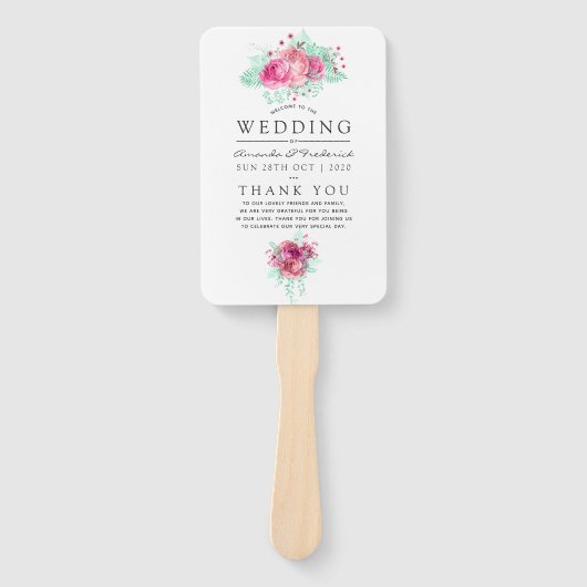 Roze en Mint Floral bruiloft programma Handwaaier (Voorkant)