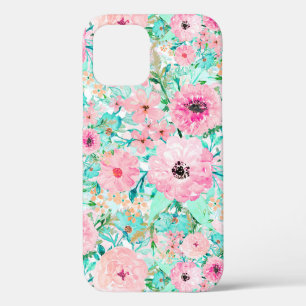 Roze en Mint Floral waterverf Handverf iPhone 12 Hoesje