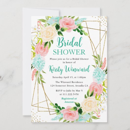 Roze en Mint Flowers Gold Lijst Vrijgezellenfeest Kaart (Voorkant)