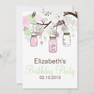 Roze en Mint Green Mason Jars Birthday Invitation Kaart