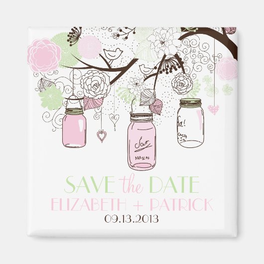 Roze en Mint Green Mason Jars Save the Date Magnet Magneet (Voorkant)