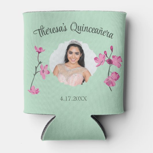 Roze en Mint Groene Cherry Blossom Custom Photo Blikjeskoeler (Voorkant)