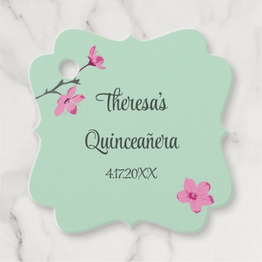 Roze en Mint Groene Cherry Blossom Quinceanera Bedankjes Labels (Voorkant)