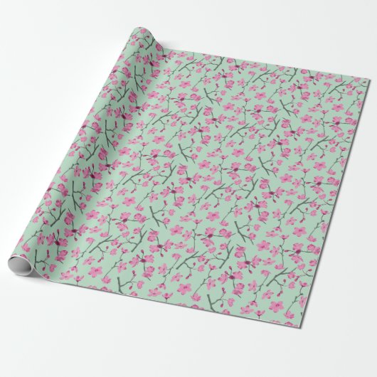 Roze en Mint Groene Kersenbloesem Bloemen Cadeaupapier (Uitgerold)