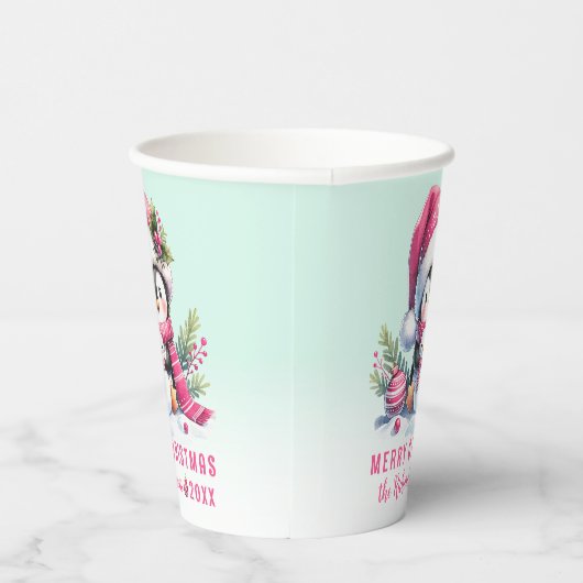 Roze en Mint Groene Schattigee Pinguïn Vrolijk Ker Papieren Bekers (Rechts)