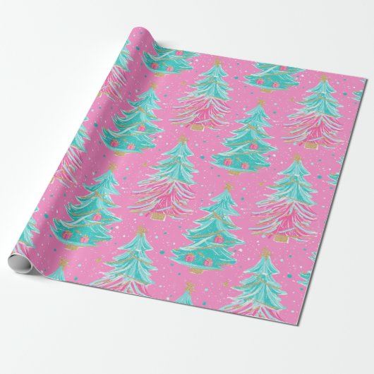 Roze en Mint kerstcadeaubomen Cadeaupapier (Uitgerold)