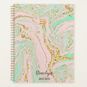 Roze en Mint Marble Gold Glitter Gepersonaliseerd Planner