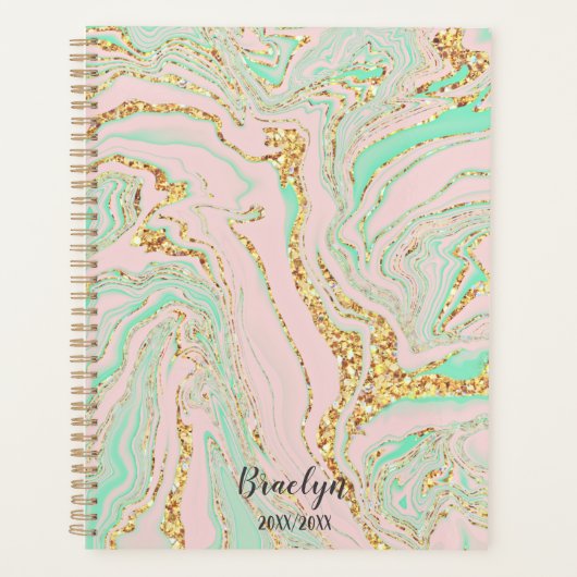 Roze en Mint Marble Gold Glitter Gepersonaliseerd Planner (Voorkant)