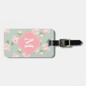 Roze en Mint Patroon van Rozen Monogrammen Bagagelabel (Voorkant horizontaal)