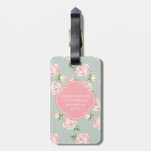 Roze en Mint Patroon van Rozen Monogrammen Bagagelabel (Achterkant verticaal)