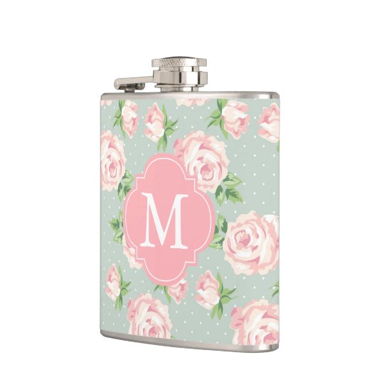 Roze en Mint Patroon van Rozen Monogrammen Heupfles (Links)