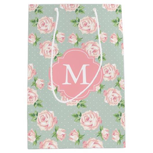 Roze en Mint  Patroon van Rozen Monogrammen Medium Cadeauzakje (Voorkant)