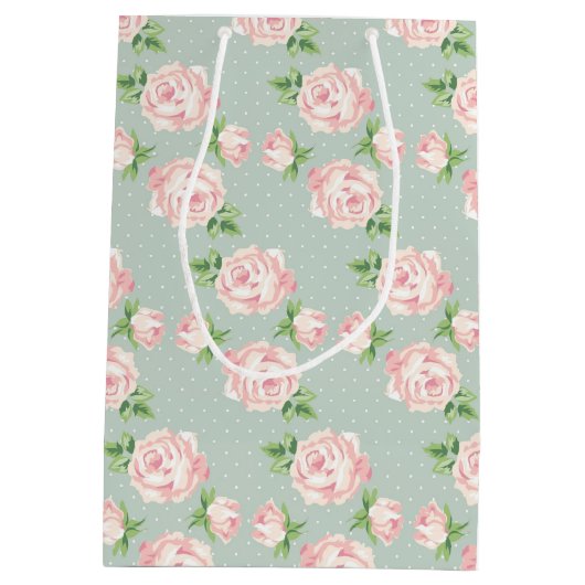Roze en Mint  Patroon van Rozen Monogrammen Medium Cadeauzakje (Achterkant)