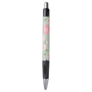 Roze en Mint  Patroon van Rozen Monogrammen Pen