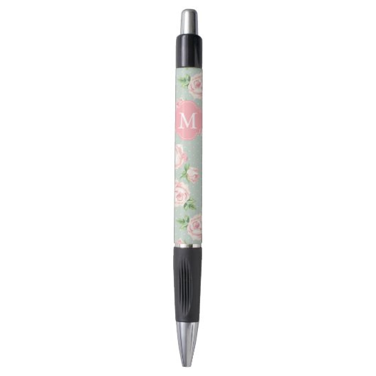 Roze en Mint  Patroon van Rozen Monogrammen Pen (Voorkant Verticaal)