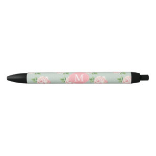 Roze en Mint  Patroon van Rozen Monogrammen Zwarte Inkt Pen