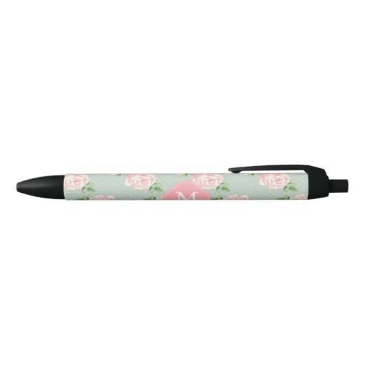 Roze en Mint  Patroon van Rozen Monogrammen Zwarte Inkt Pen (Bovenkant)