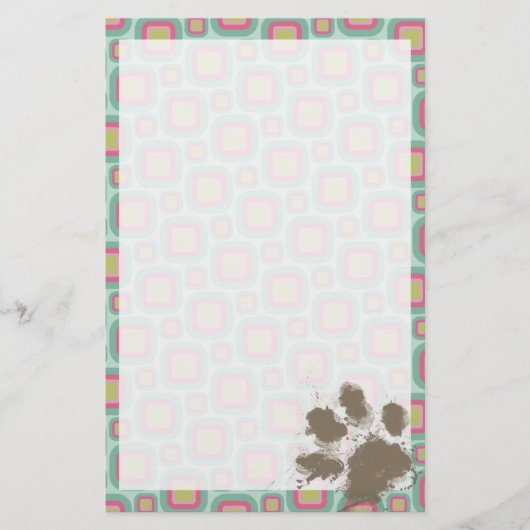 Roze en Mint Retro; Grappige Pawprint Briefpapier (Voorkant)