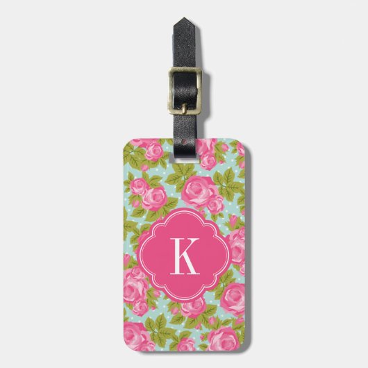 Roze en Mint  Rozen Monogram Bagagelabel (Voorkant verticaal)