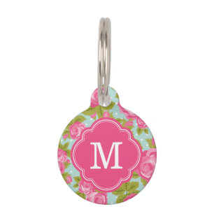 Roze en Mint  Rozen Monogram Huisdierpenning
