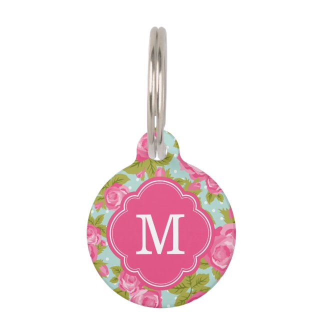Roze en Mint  Rozen Monogram Huisdierpenning (Voorkant)