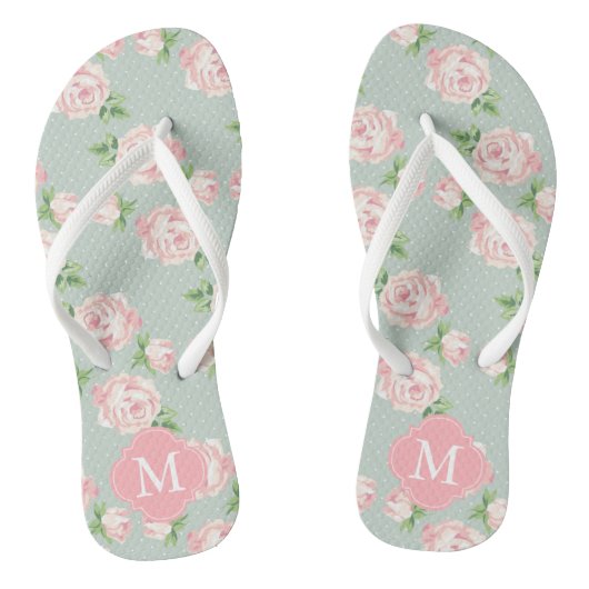 Roze en Mint Rozen Monogrammed Teenslippers (Voetbed)