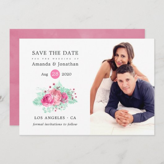 Roze en Mint Tropische Glitter Bloemenbruiloft Save The Date (Voorkant / Achterkant)