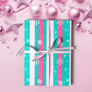Roze en Mint Verticale Gestreepte Sneeuwvlok Cadeaupapier