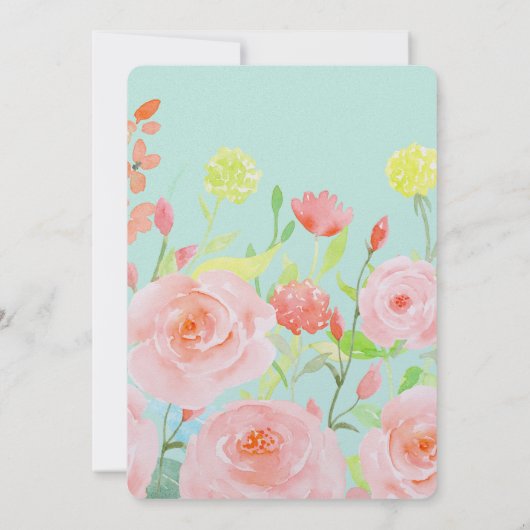 Roze en Mint Waterverf Rozen Bruiloft Kaart (Achterkant)