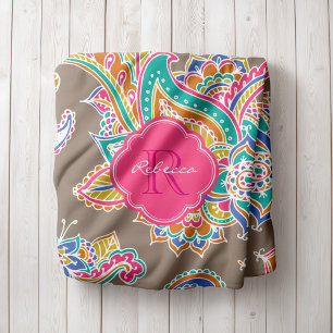 Roze en Mocha Boho Paisley Monogrammed Fleece Deken