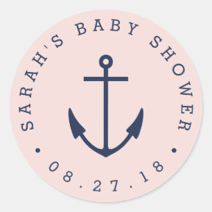 Roze en Navy Anker Nautisch Baby shower Ronde Sticker