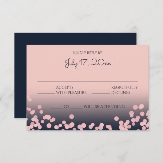 Roze en Navy Blue Bokeh Bruiloft Reactie RSVP Kaartje (Voorkant / Achterkant)