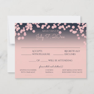 Roze en Navy Blue Bokeh Reactie met Maaltijdkeuze RSVP Kaartje