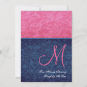 Roze en Navy Blue Damask Wedding Metallic Kaart (Achterkant)
