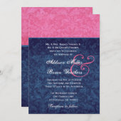 Roze en Navy Blue Damask Wedding Metallic Kaart (Voorkant / Achterkant)