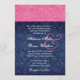 Roze en Navy Blue Damask Wedding Metallic Kaart