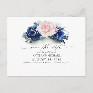 Roze en Navy Blue Floral Boho Save the Date Briefkaart
