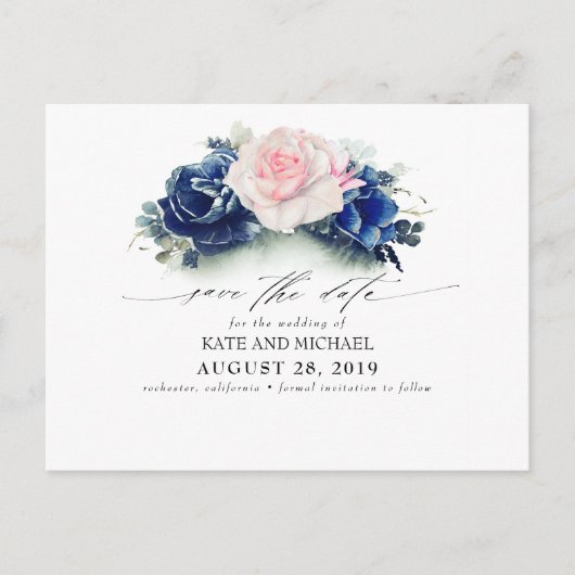 Roze en Navy Blue Floral Boho Save the Date Briefkaart (Voorkant)