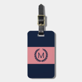 Roze en Navy Blue Stripe Laurel Wreatmonogram Bagagelabel