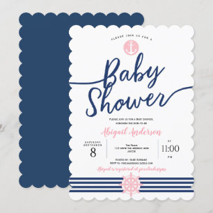 Roze en Navy Blue, Summer, Nautical, Baby Girl Kaart