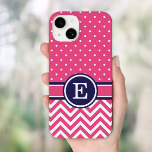 Roze en Navy Preppy Chevron Stippen Monogram Case-Mate iPhone 14 Hoesje