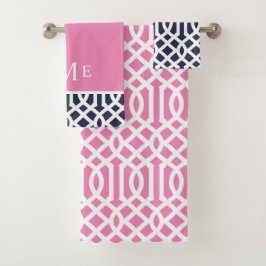 Roze en Navy Trellis Monogram Bad Handdoek