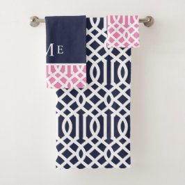 Roze en Navy Trellis Monogram Bad Handdoek
