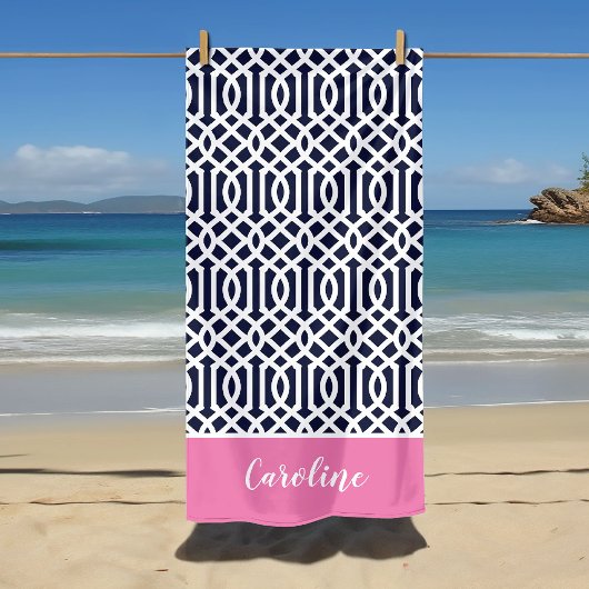 Roze en Navy Trellis Monogram Strandlaken