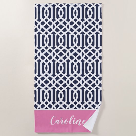 Roze en Navy Trellis Monogram Strandlaken (Voorkant)
