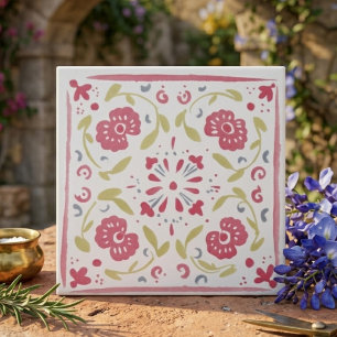 Roze en Olijfgroene Folk Art Bloemendecoratie Tegeltje