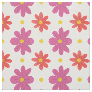 Roze en oranje bloemen, polka stippen op witte sto stof