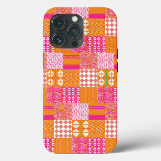 Roze en oranje bloemenpatchwork telefoonhoesje iPhone 13 pro hoesje