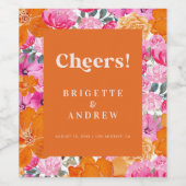 Roze en Oranje "Bright Floral Bloom Cheers Wedding Wijn Etiket (Enkel label)