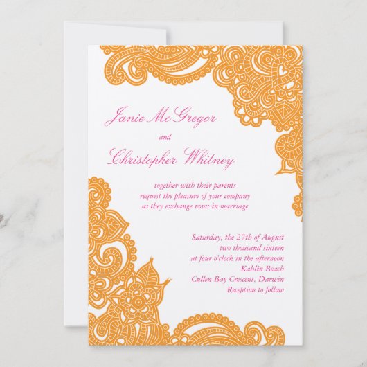 Roze en Oranje Champagne Henna Wedding-uitnodiging Kaart (Voorkant)